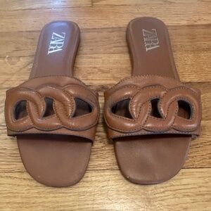 Brown Leather Flat Sandals, Zara – Size 38 / US 7.5